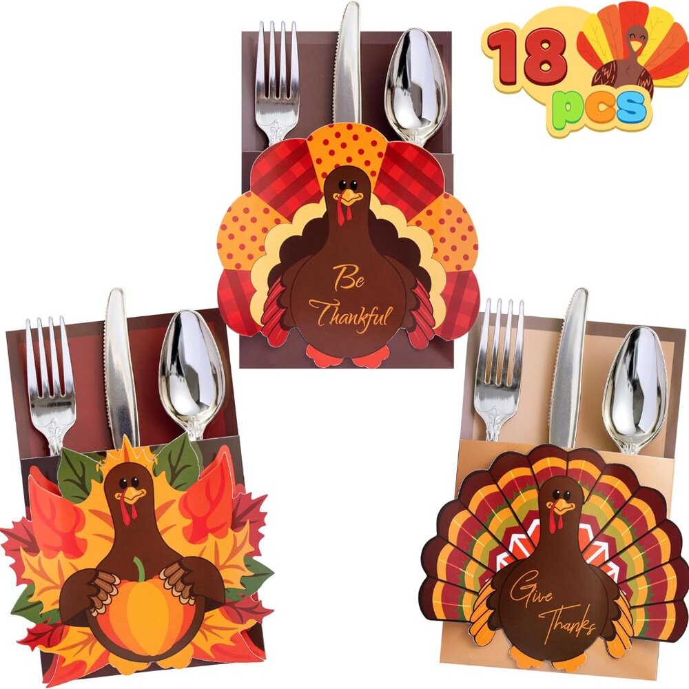 18PCS Thanksgiving Cutlery Holders Set, Thanksgiving Turkey Utensil Décor, Autum